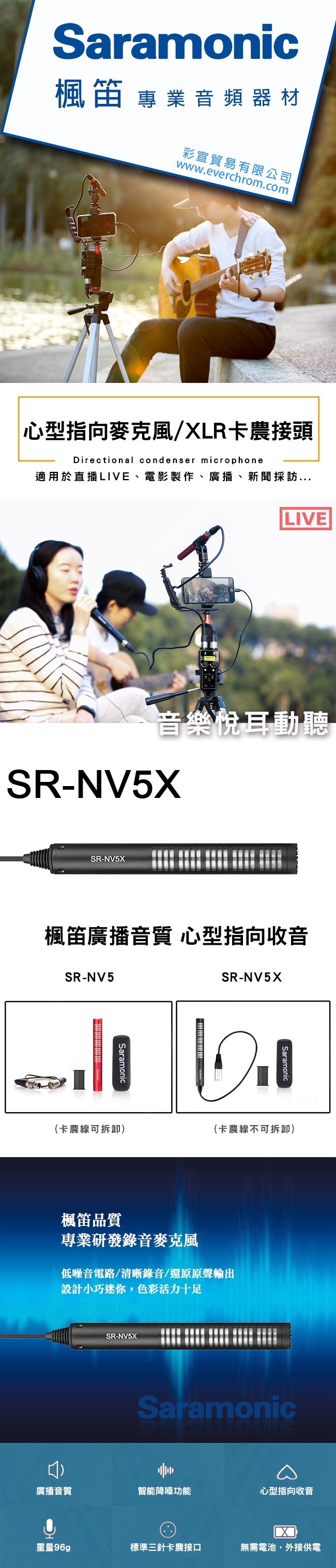 Saramonic楓笛 心型指向性一體式卡農接頭槍型麥克風SR-NV5X(彩宣公司貨)