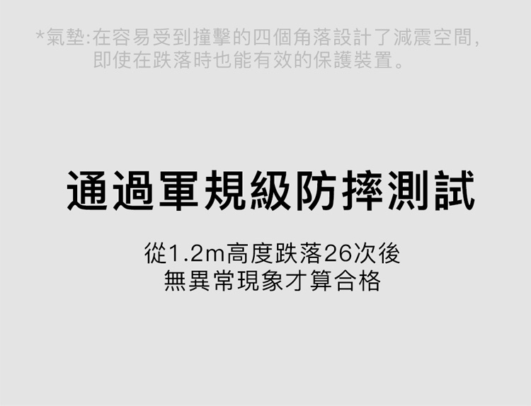 *氣墊:在容易受到撞擊的四個角落設計了減震空間,即使在跌落時也能有效的保護裝置。通過軍規級防摔測試從1.2m高度跌落26次後無異常現象才算合格