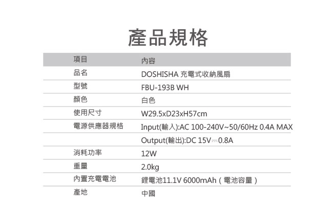 DOSHISHA 充電收納風扇 FBU-193B WH