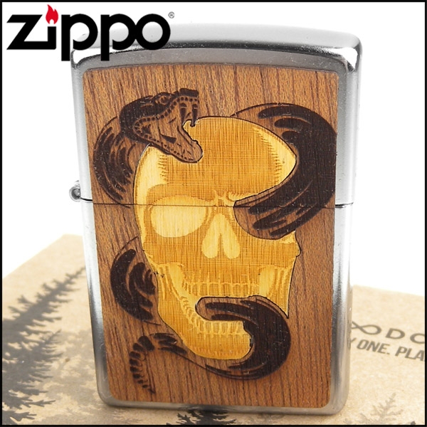 ZIPPO 美系~Skull & Snake-蛇與骷髏圖案-實木貼片打火機