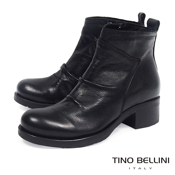 Tino Bellini義大利進口牛皮自然抓皺中跟短靴_黑