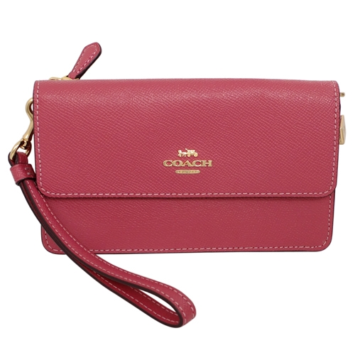 COACH梅紅防刮皮革拼淺卡C Logo釦式翻蓋方型手拿包