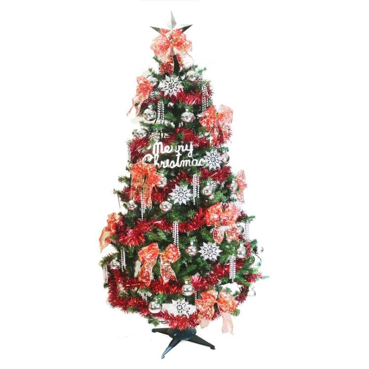 摩達客 幸福6尺(180cm)一般型裝飾綠色聖誕樹 (+銀雪花紅系配件)(不含燈)
