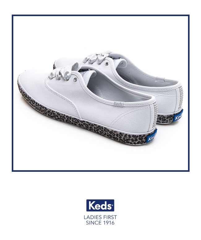 Keds CHAMPION 豹紋滾邊帆布綁帶休閒鞋-白/黑