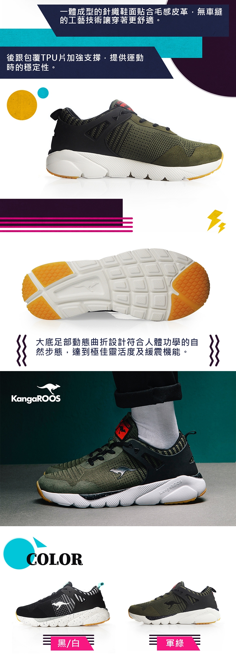 KANGAROOS 男 RUN BURST 科技針織跑鞋(軍綠)