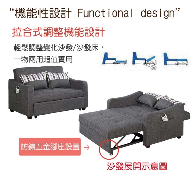 文創集 賓娜現代灰棉麻布二人沙發/沙發床(拉合式機能設計)-150x90x93cm免組
