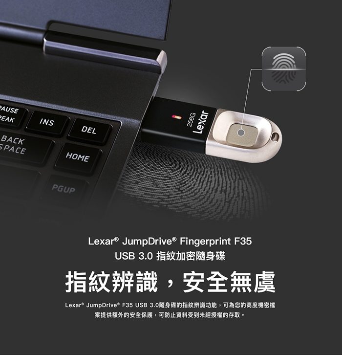 Lexar JumpDrive F35 USB3.0 指紋加密隨身碟 128GB