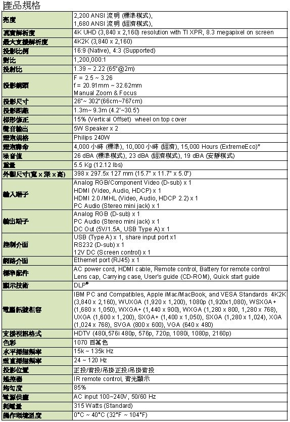 acer H7850 4K家庭影院投影機(3000流明)