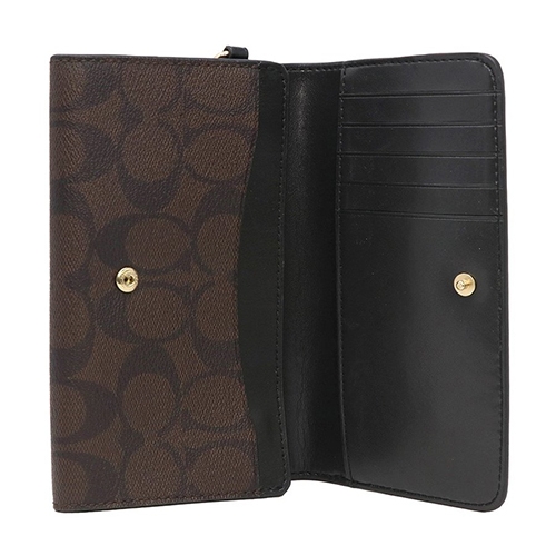 COACH 立體馬車滿版LOGO防刮牛皮翻蓋釦式中夾 深棕