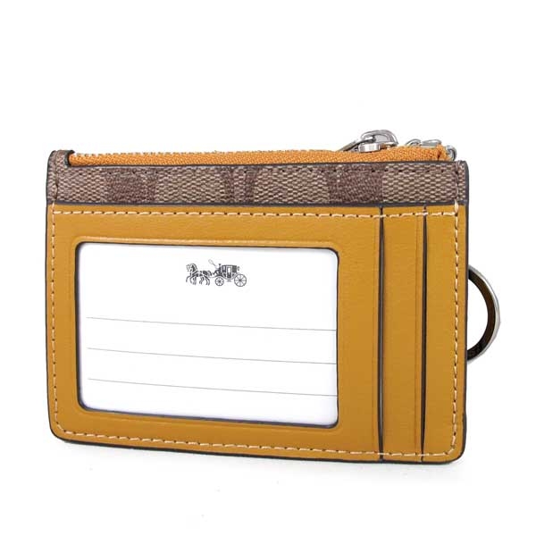 COACH 銀馬車防潑水Logo卡片鎖圈零錢包(亞麻黃色)