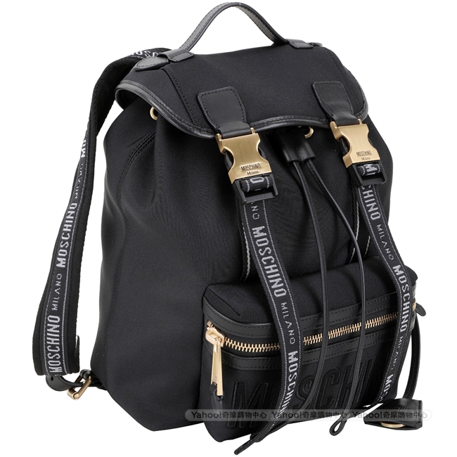 MOSCHINO 金釦字母織帶太空棉料後背包(黑色)