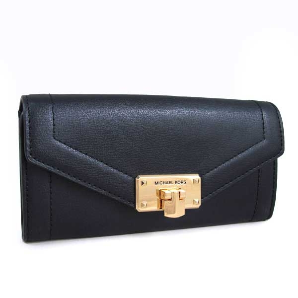 MICHAEL KORS Kinsley 金鎖頭素面皮革壓扣長夾(黑色)