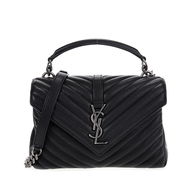 YSL 經典Monogram霧銀鍊YSL金屬LOGO羊皮College中款學院包 (黑色)