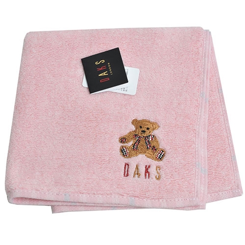 DAKS 經典品牌格紋字母可愛泰迪熊刺繡LOGO小方巾(粉紅系)