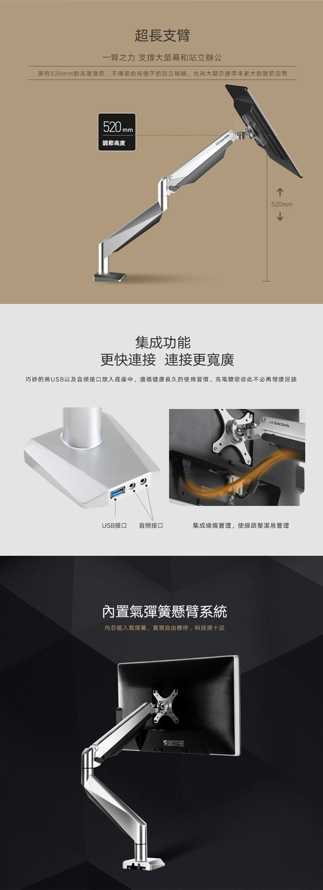 樂歌 D7A人體工學電腦螢幕支架 6-15KG適用 高效電競/辦公配備