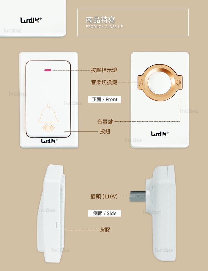 【Incare】無線傳輸免電池發亮音樂門鈴 (贈防水罩)