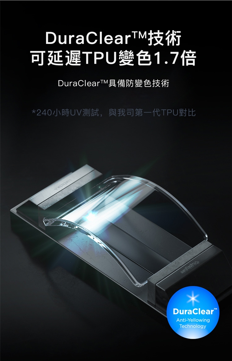 DuraClearTM技術可延遲TPU變色1.7倍DuraClearTM具備防變色技術*240小時UV測試,與我司第一代TPU對比DuraClearAnti-YellowingTechnology