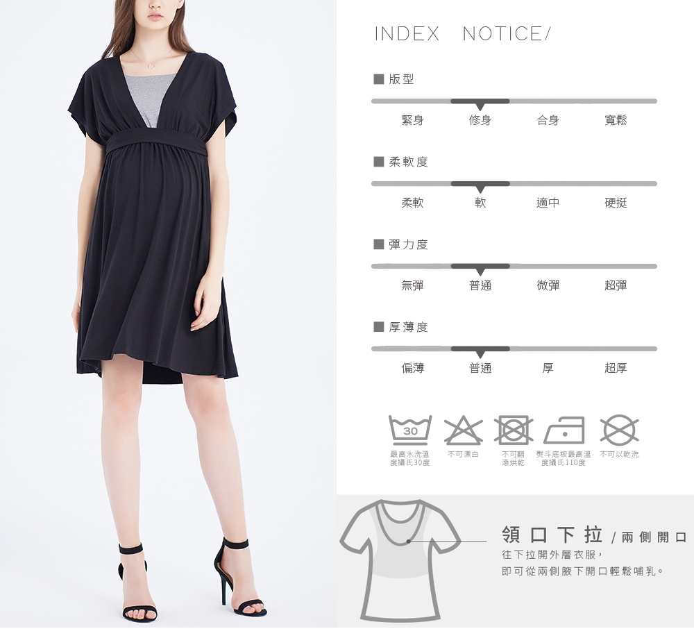 Gennies奇妮-大V領哺乳孕婦洋裝(黑T1H12)