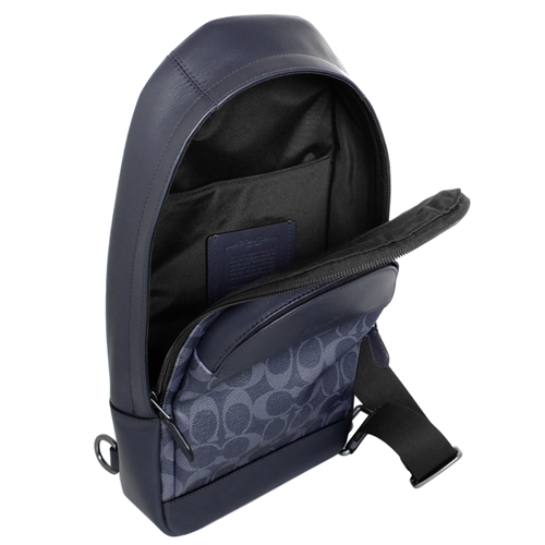 COACH深藍C Logo拼接真皮單肩斜後背胸包/男包