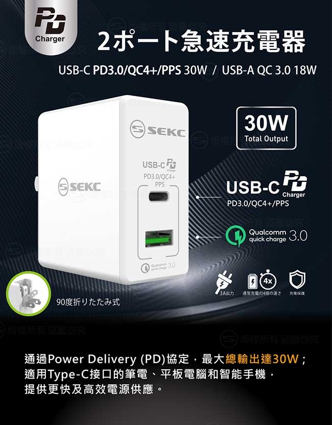 SEKC PD USB-C+QC3.0/4+(30W)牆充2孔極速充電器