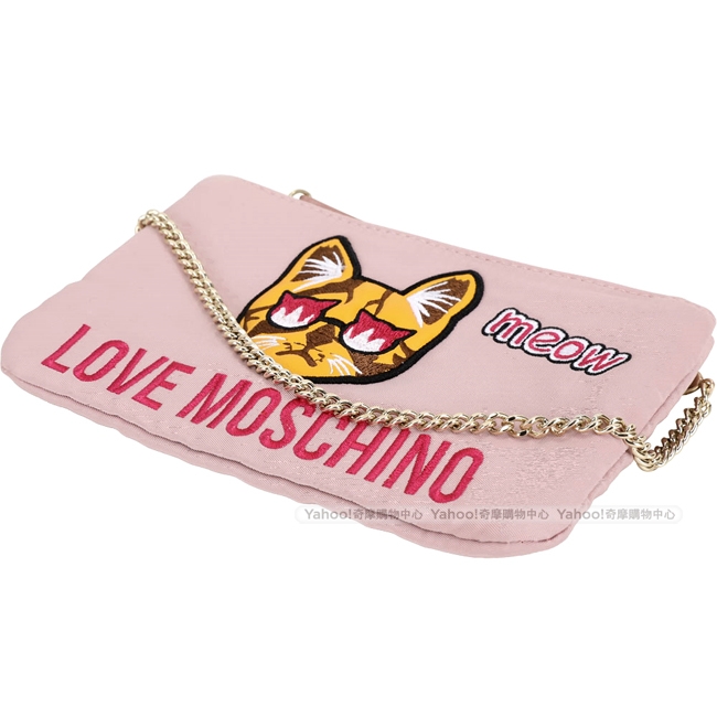 LOVE MOSCHINO 貓咪圖案尼龍手拿/鍊帶包(淺粉色)