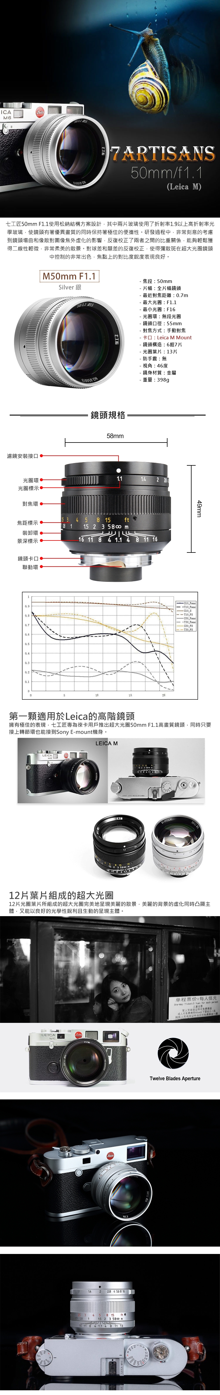 七工匠 7artisans M50mm F1.1 for Leica M 微單鏡頭 (銀)