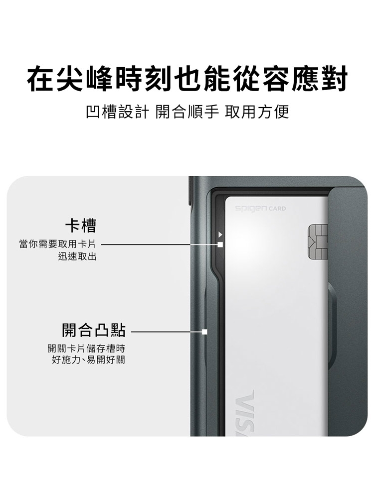 在尖峰時刻也能從容應對凹槽設計 開合順手 取用方便卡槽當你需要取用卡片迅速取出開合凸點開關卡片儲存槽時好施力、易開好關 VIS