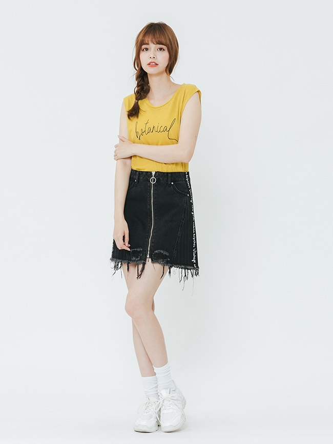 H:CONNECT 韓國品牌 女裝-破損造型拉鍊短裙-黑