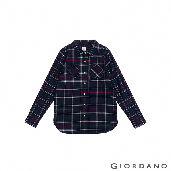 GIORDANO 女裝法蘭絨溫暖磨毛長袖襯衫-22 寶藍/紅/白格紋