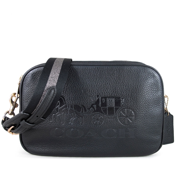 COACH 大馬車Logo荔枝紋全皮革雙色寬帶雙層大相機包(黑色)