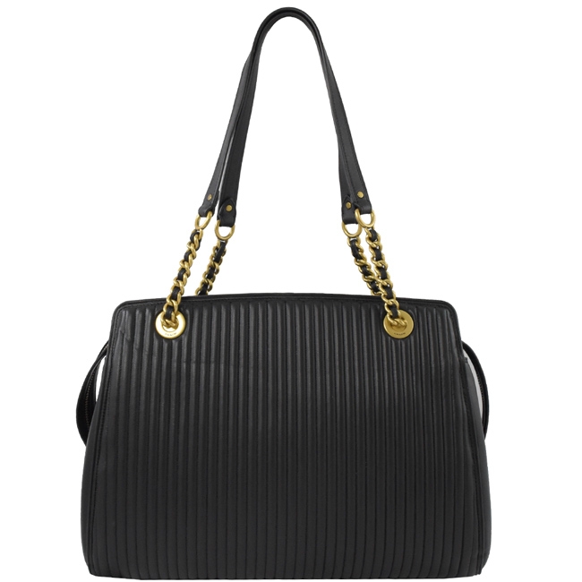 COACH 復古轉釦LOGO直紋車線肩背鍊包(黑)