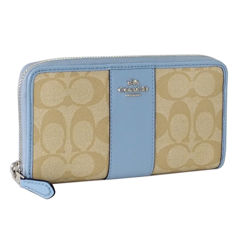 COACH淺卡C Logo拼接淺藍真皮拉鍊長夾