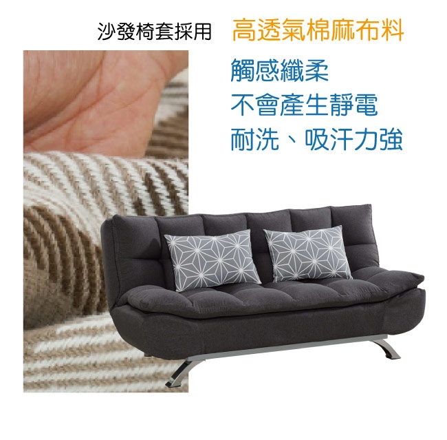 文創集 卡格登時尚灰棉麻布分段式沙發/沙發床(展開式機能設計)-182x75x84cm免組