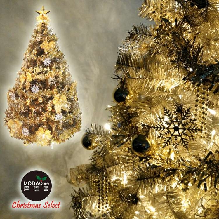 摩達客 台灣製6呎 豪華版氣質霧金系聖誕樹(金色系配件組)+100燈LED燈暖白光2串