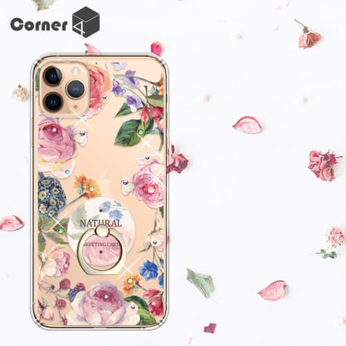 Corner4 iPhone 11 Pro Max 奧地利彩鑽指環扣雙料手機殼-莓瑰