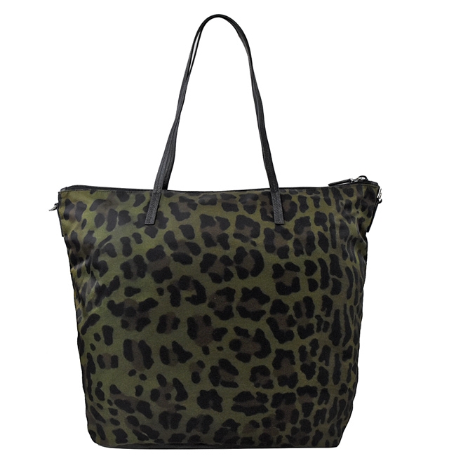 PRADA 三角LOGO豹紋圖案尼龍兩用購物包(黑綠)