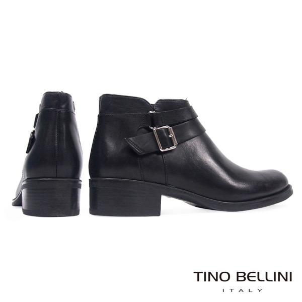 Tino Bellini雙皮帶全真皮低跟短踝靴_黑