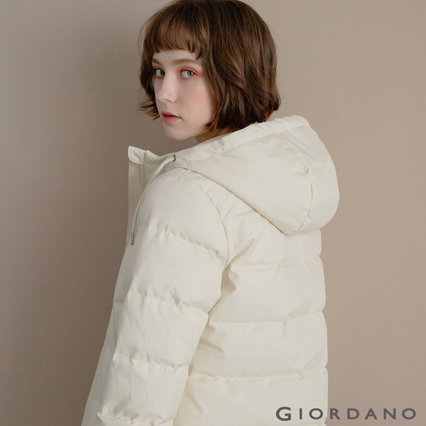 GIORDANO 女裝抽繩連帽羽絨外套-97 花紗燕麥卡其