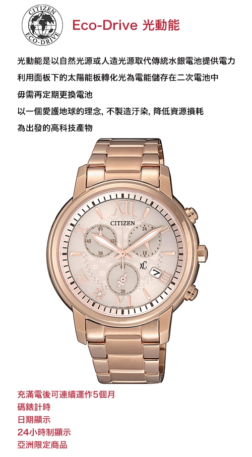 CITIZEN星辰 xC光動能限定款羅馬花園時尚計時女錶(FB1432-63W)-38mm