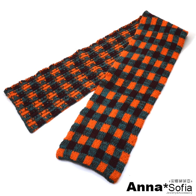 AnnaSofia 歐美交錯棋格 窄版針織小圍巾(橘灰綠系)