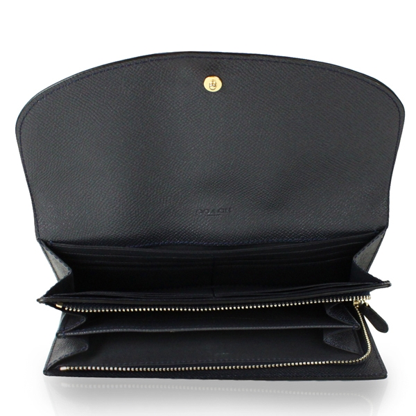 COACH 馬車素面防刮皮革翻蓋押扣長夾-靛藍