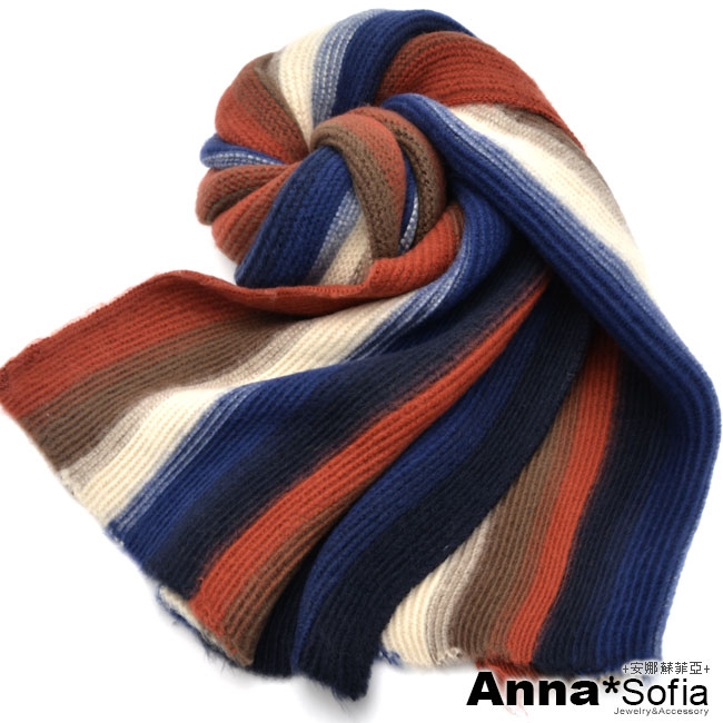 AnnaSofia 立體Q軟直紋條彩 厚織大披肩圍巾(藍橘米系)