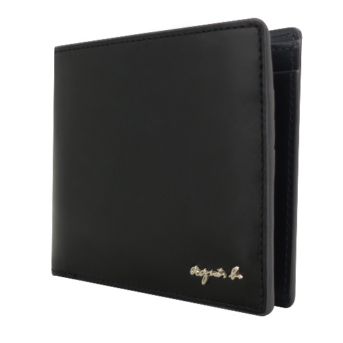 agnes b.金屬LOGO皮革短夾(附票卡夾)-黑