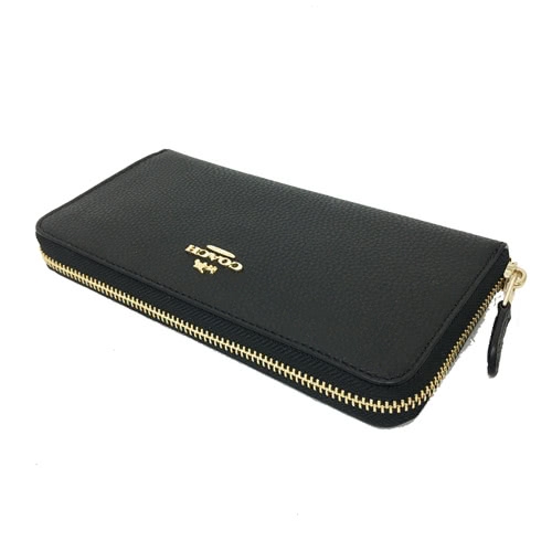 COACH 立體金屬LOGO 素面全牛皮ㄇ型拉鍊長夾(黑)