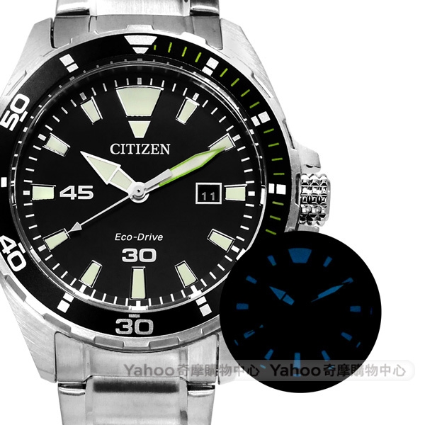 CITIZEN 光動能 礦石強化玻璃 日本機芯 防水100米 不鏽鋼手錶-黑色/44mm