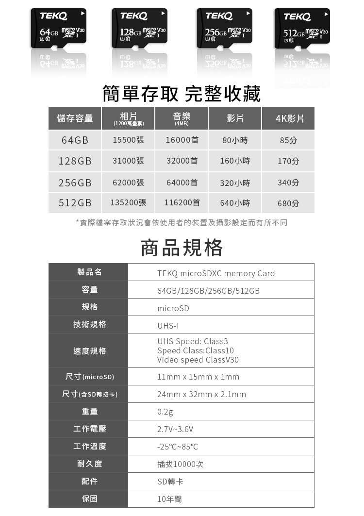 TEKQ 512G記憶卡 支援4K錄影 microSDXC U3 V30 高速記憶卡附轉卡