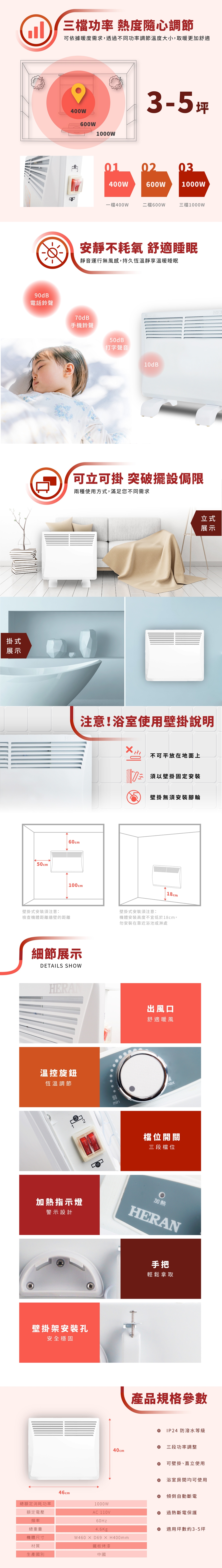 HERAN 禾聯 對流式壁掛電暖器 浴室可用 適用5坪以下 HCH-100L1