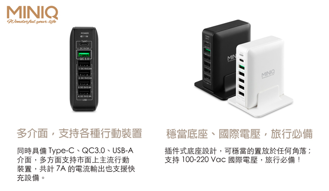 MINIQ 6孔大電流 Type-C USB 3合1多介面快速充電器 旅充頭