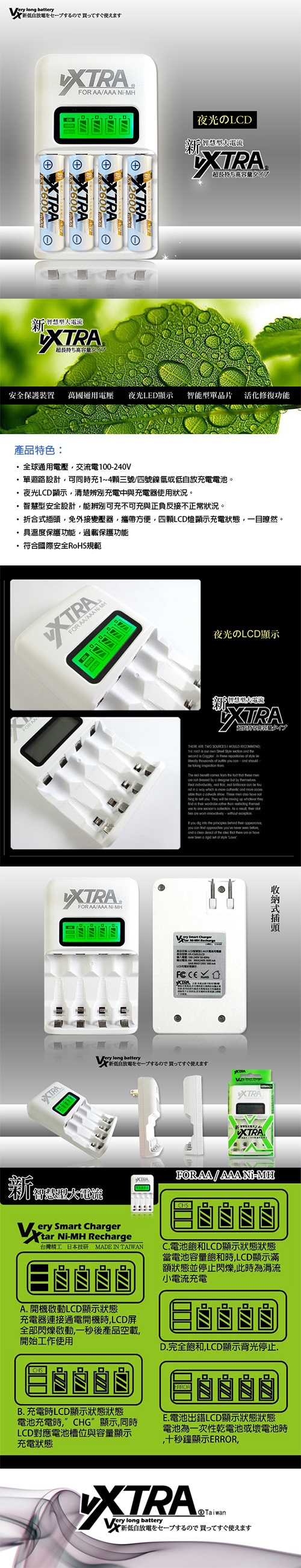 VXTRA 智慧型LCD大電流急速電池充電器