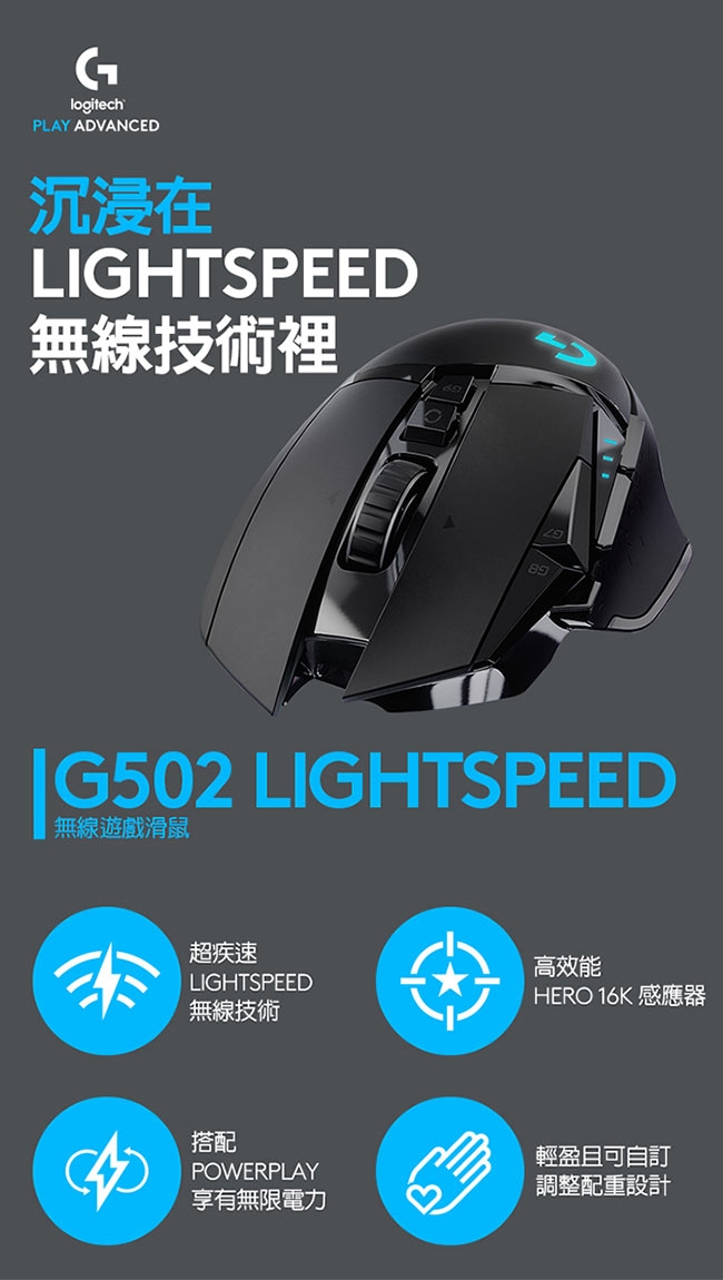 羅技 G502 LIGHTSPEED 高效能無線電競滑鼠+POWERPLAY 無線充電遊戲滑鼠墊